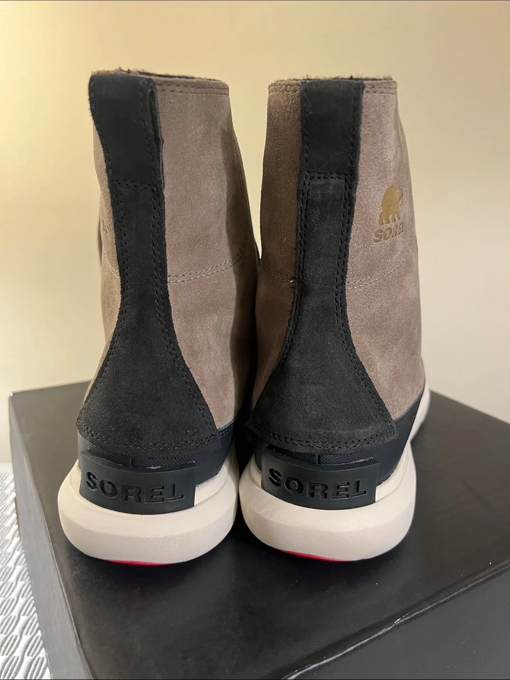 Sorel Taupe Suede and Grey Wool Lace-Up Winter Boots